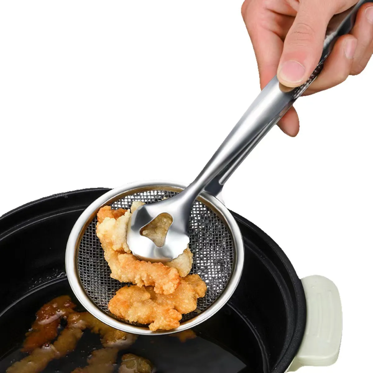 Multi-functional 2 in 1 Fry Tool-Filter Spoon Strainer With Clip, Stainless Steel Mesh hover